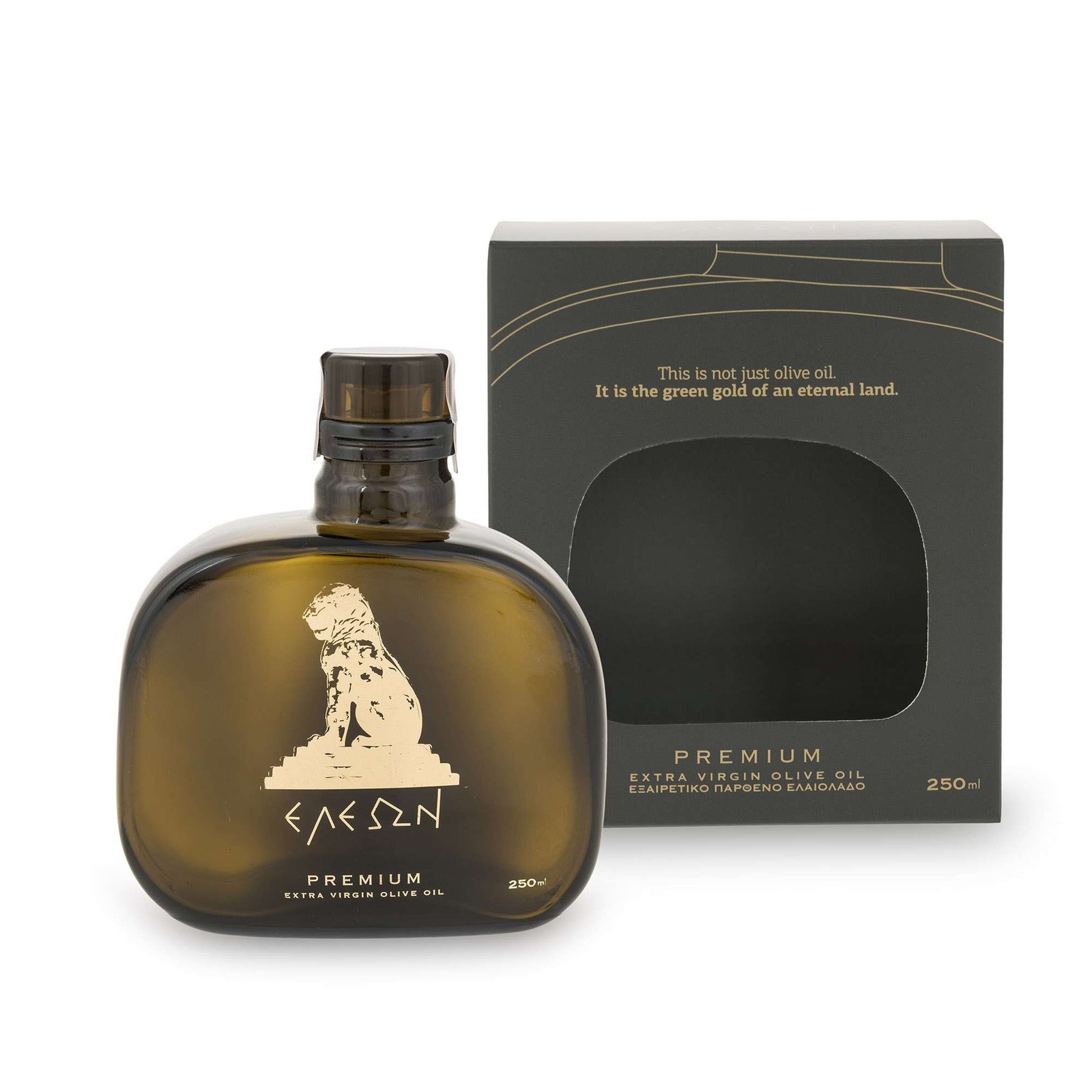 Eleon olive oil bottle and box.
