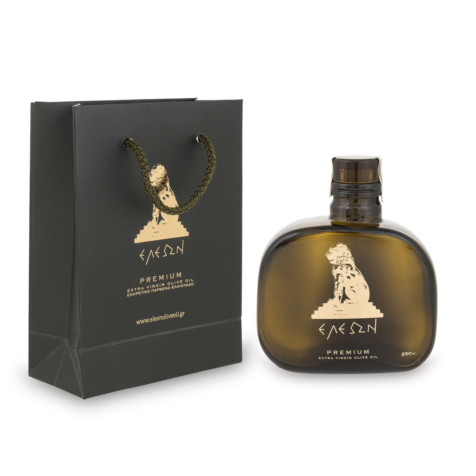 Eleon olive oil bottle and bag.